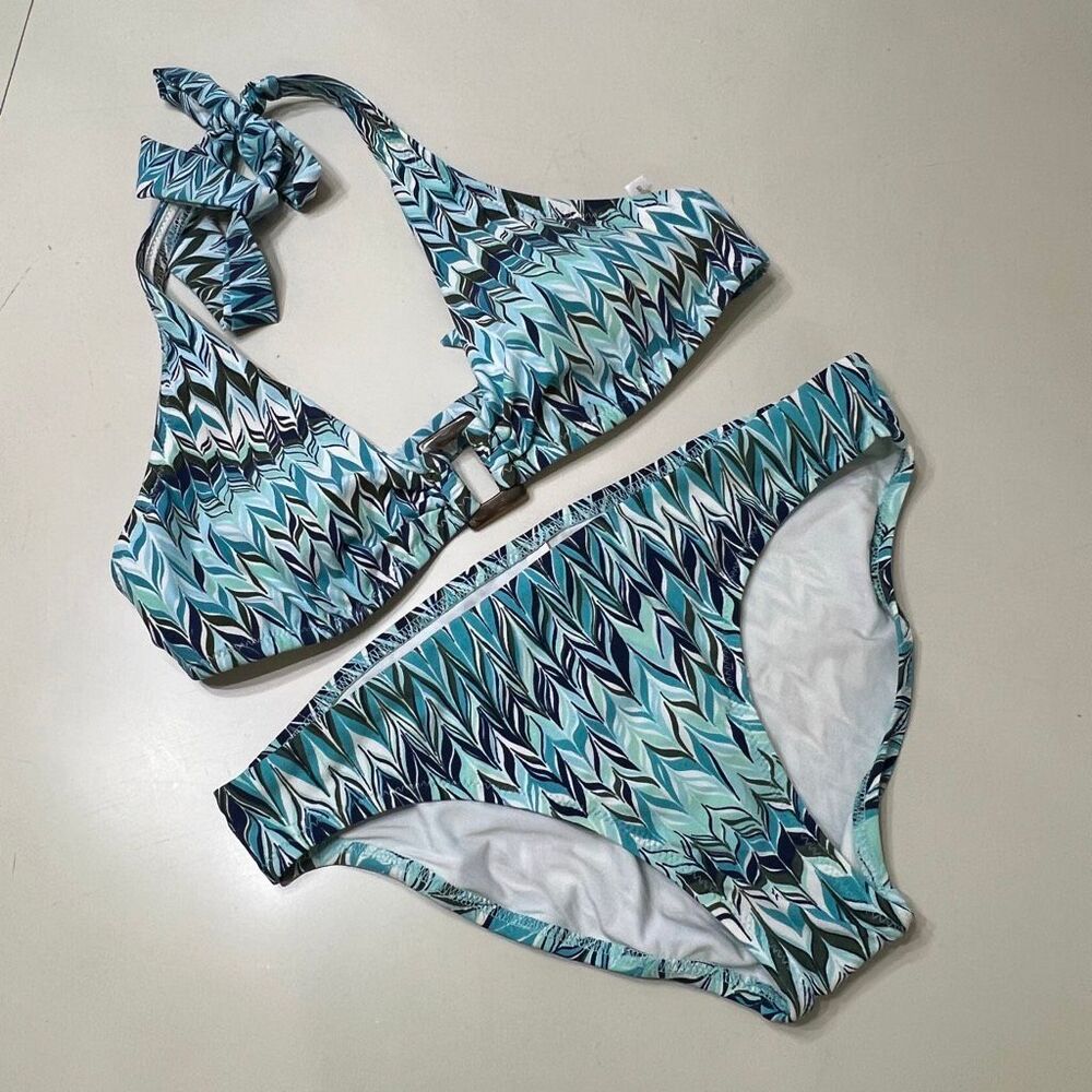 Helen Jon Women's Chevron Halter Kasbah Hipster Bikini Set Aqua Navy Small NWT